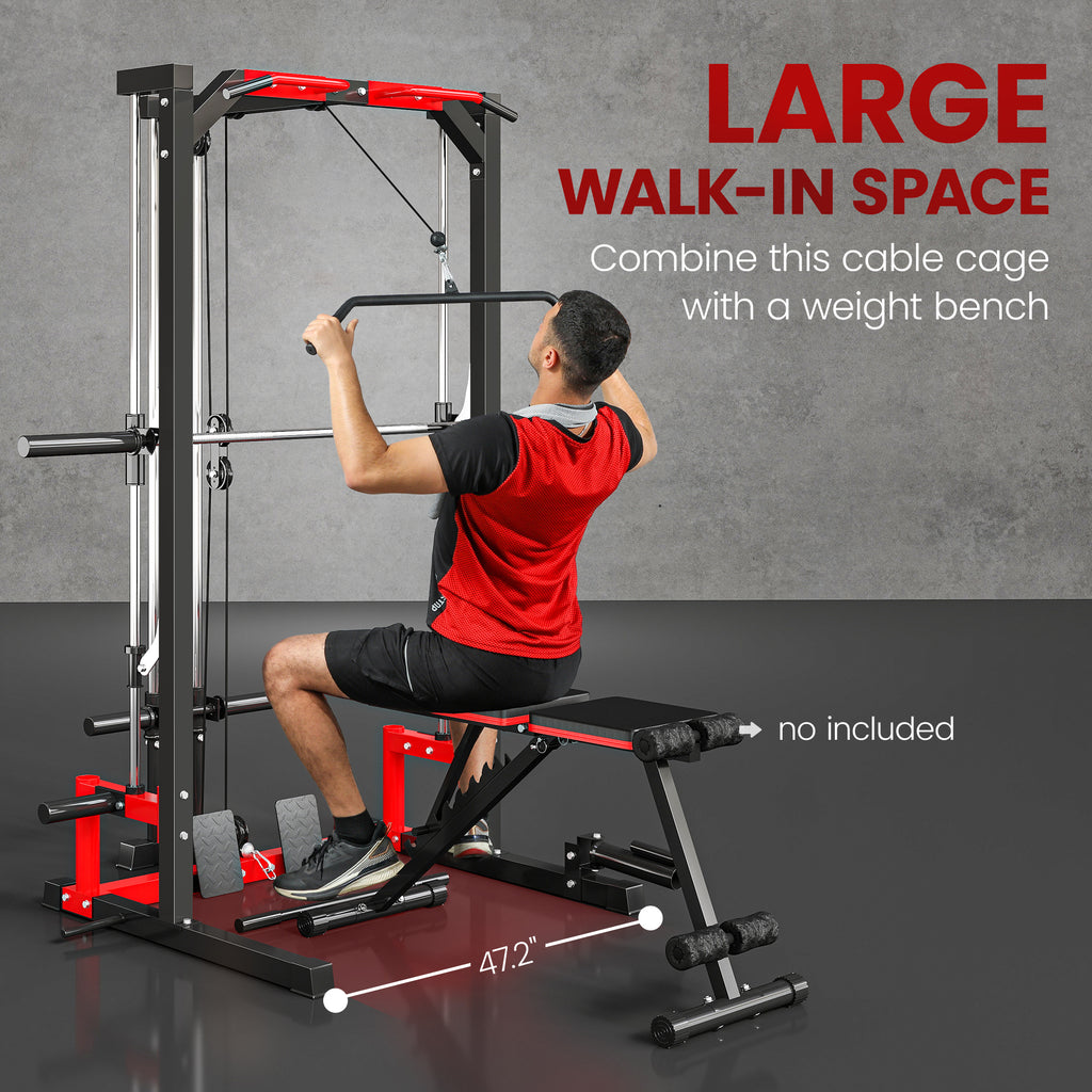 Smith Machine Power Rack with Pull Up Bar, Lat Pull Down System, Landmine, Squat Rack, Barbell Bar, for Home Gym